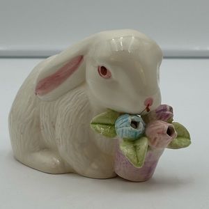 Easter Decor, Ceramic White Bunny with Pink Blue Purple Tulips